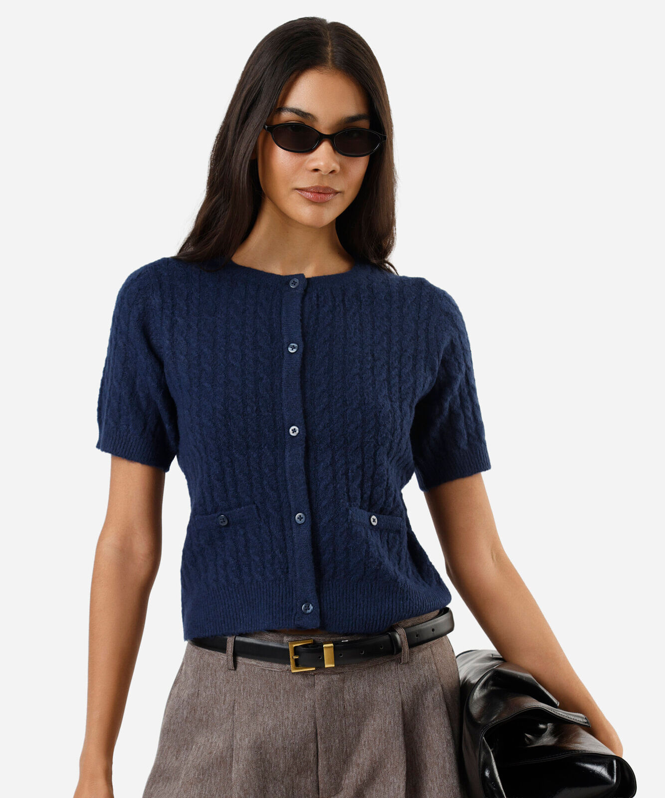 blusa feminina de tricot manga curta texturizada azul