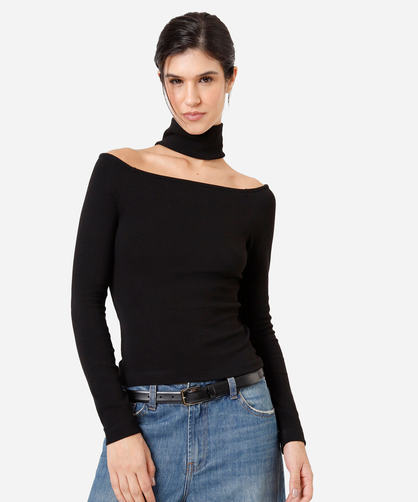 blusa feminina de algodão gola alta manga longa com recorte preta