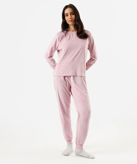 pijama longo feminino de plush corações lilás PP