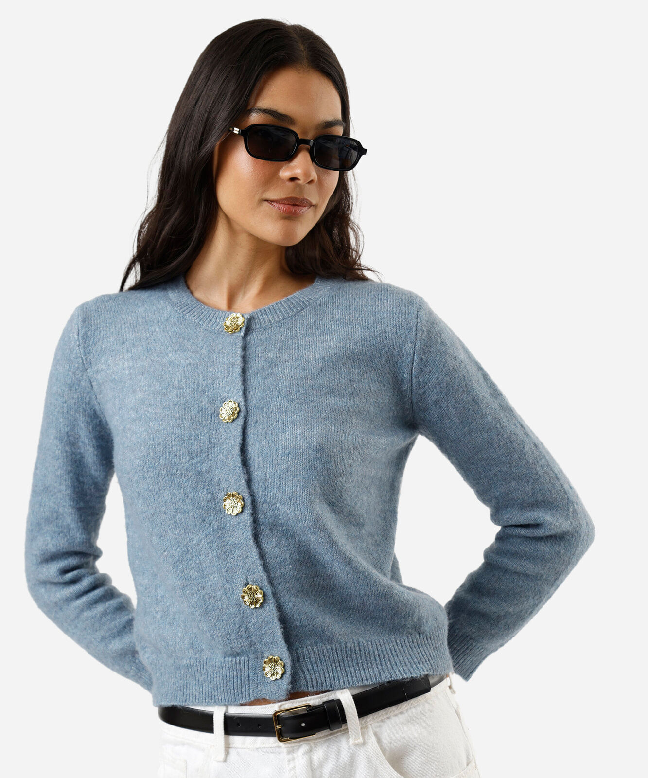 cardigan feminino de tricot decote redondo texturizado azul