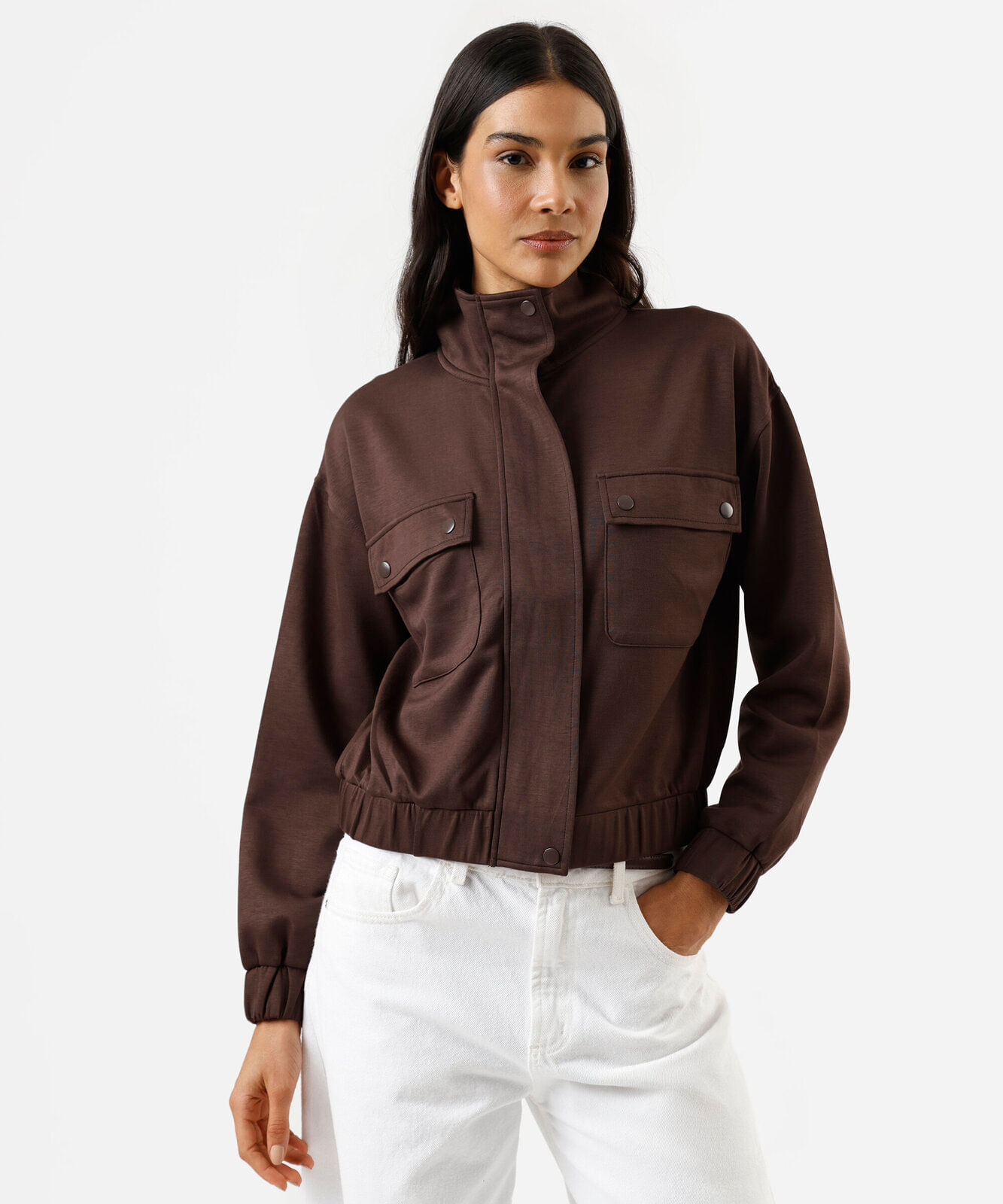 jaqueta feminina com viscose gola alta marrom