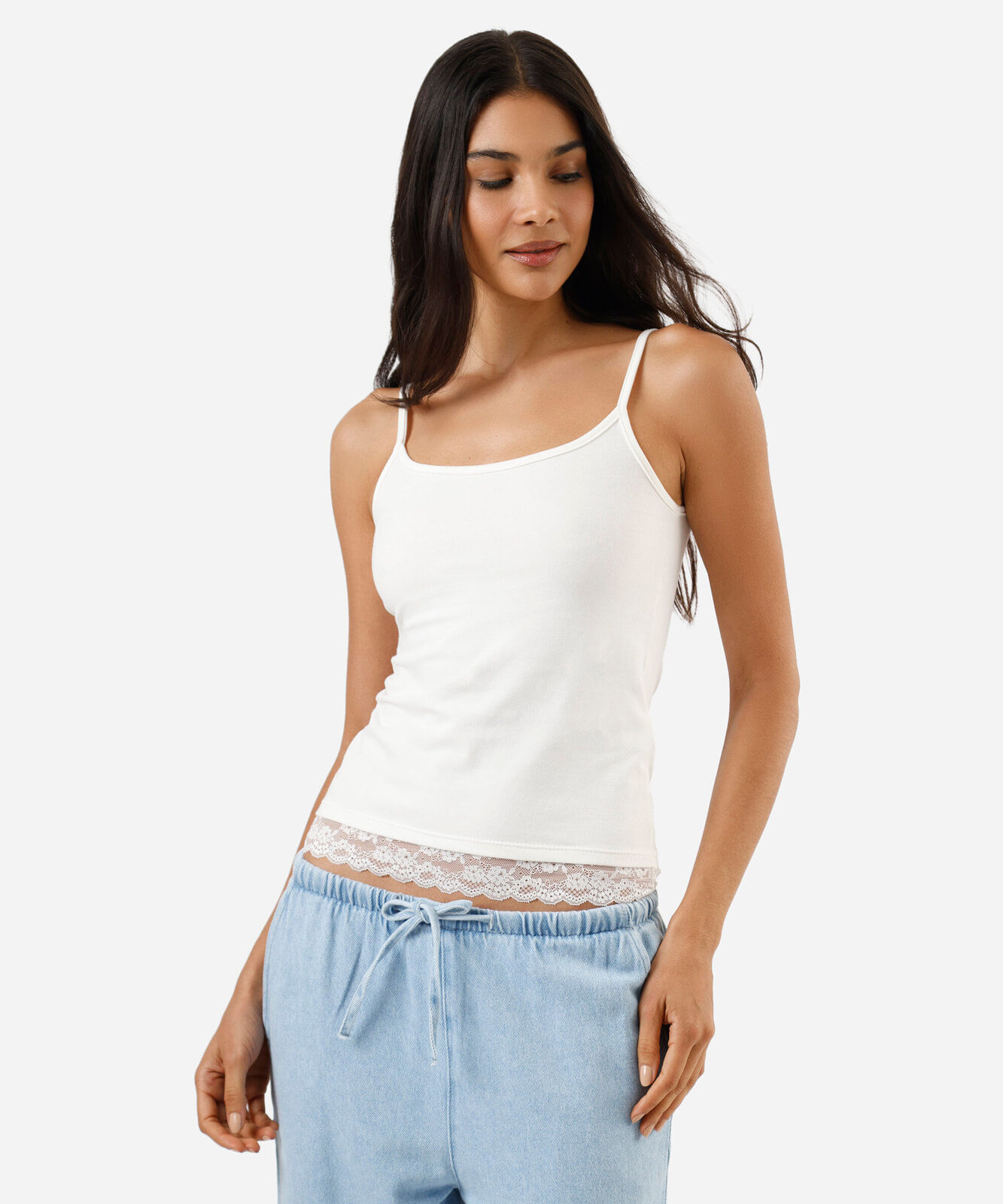 regata alça fina feminina de algodão com renda off white