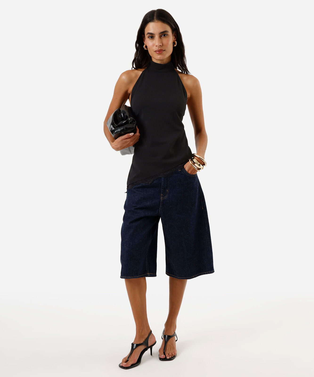 bermuda jorts feminina jeans cintua alta azul