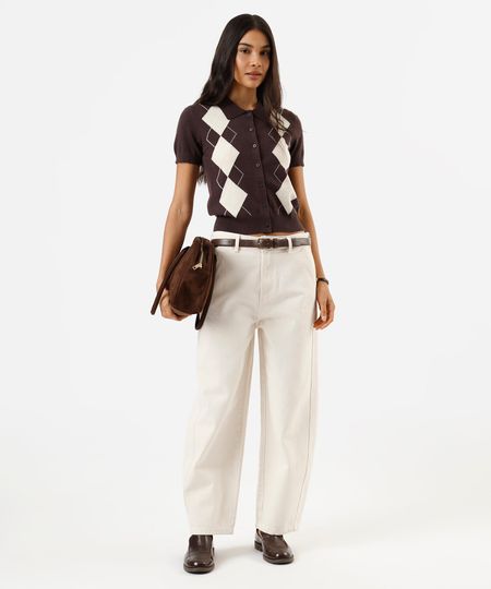 calça baggy feminina de sarja cintura alta bege 34