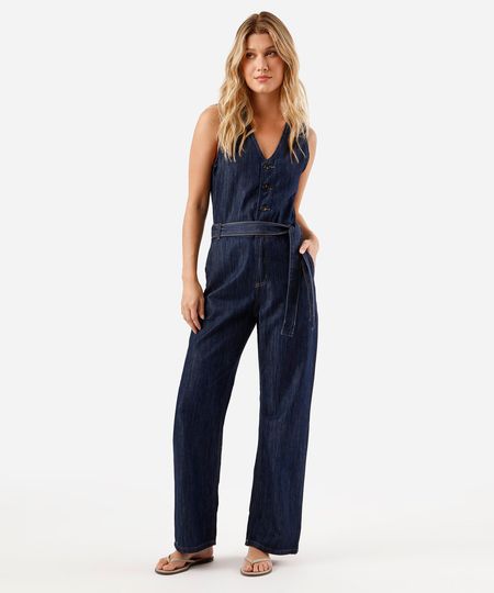 macacão feminino jeans decote v com cinto azul M