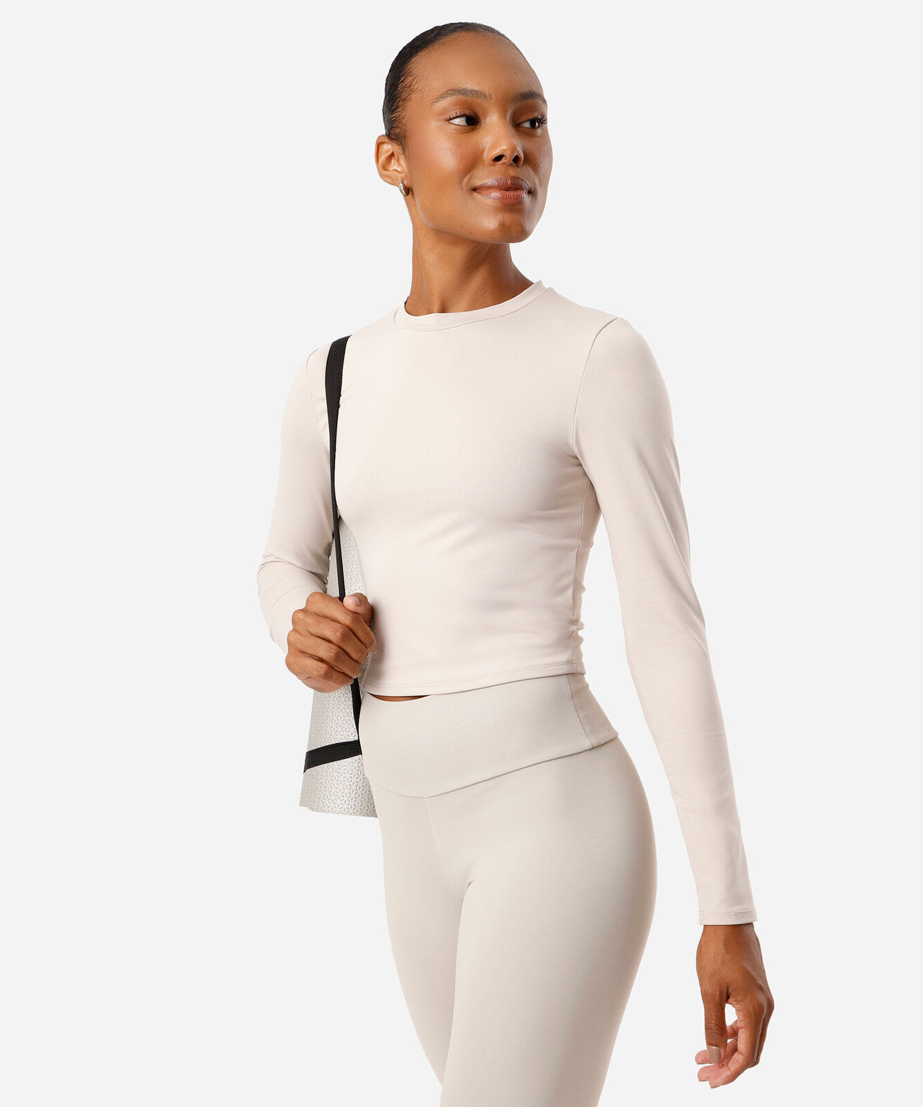 cropped feminino de poliamida manga longa bege