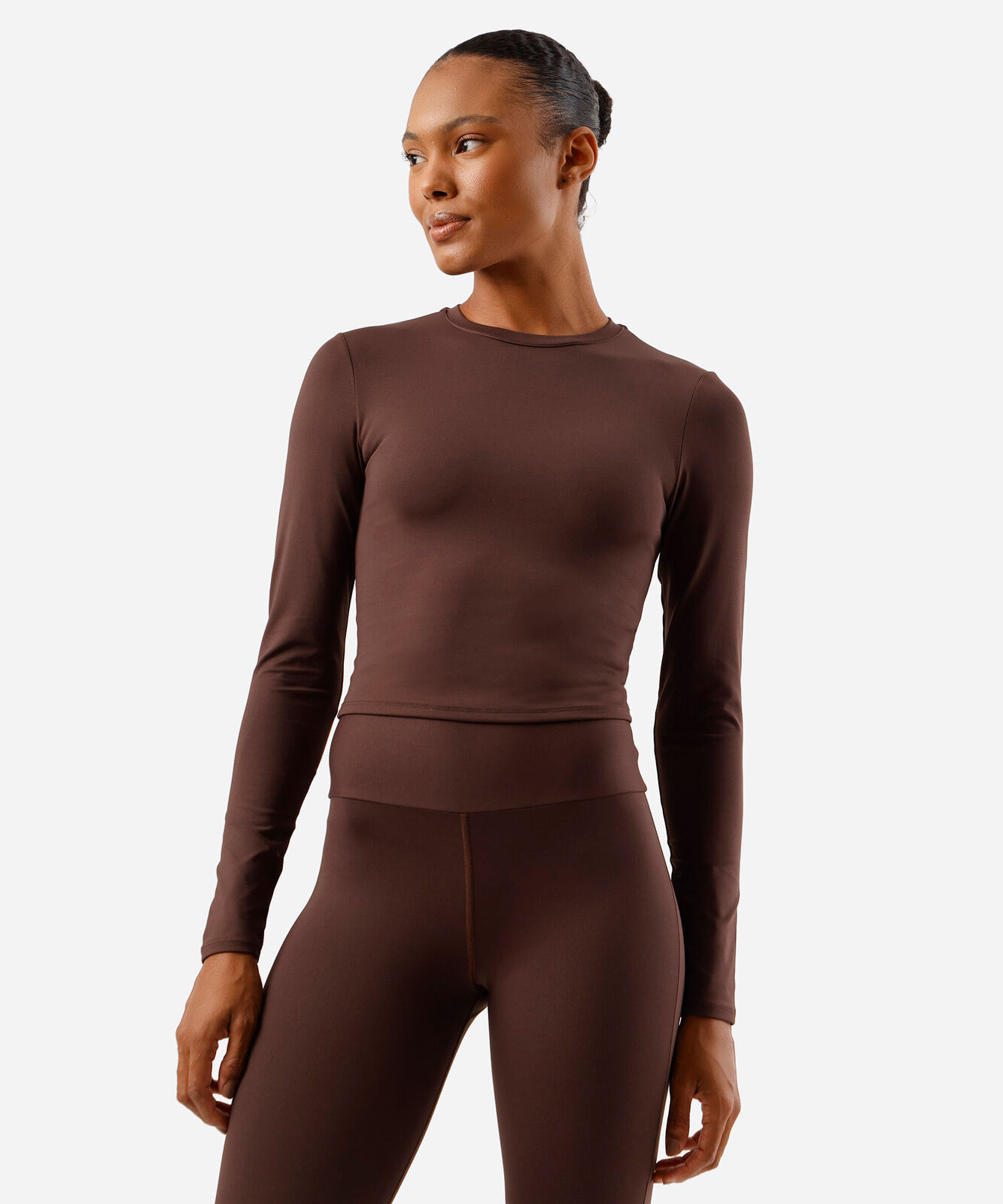cropped feminino de poliamida manga longa marrom