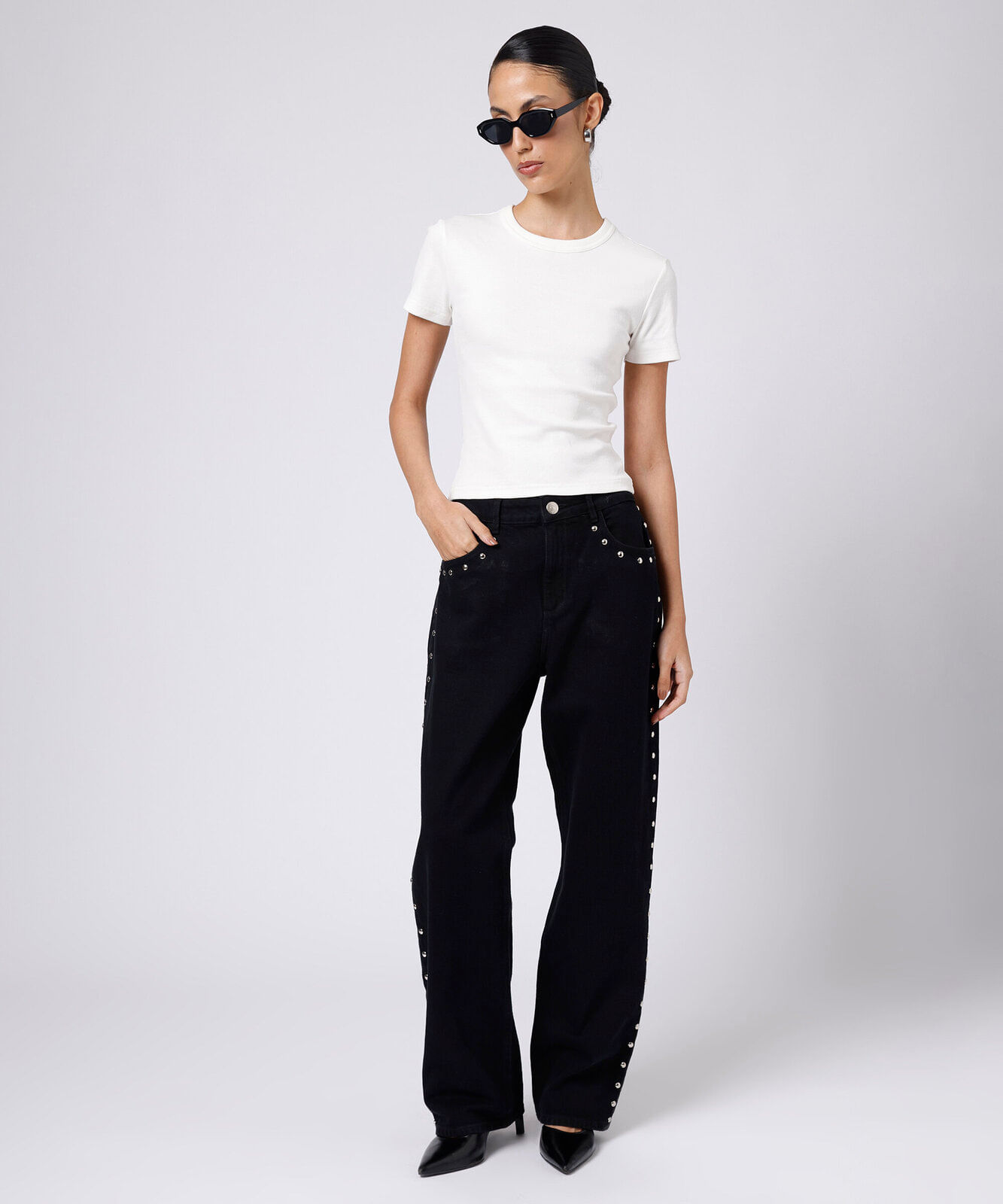 calça wide leg feminina jeans com tachas mindset preta