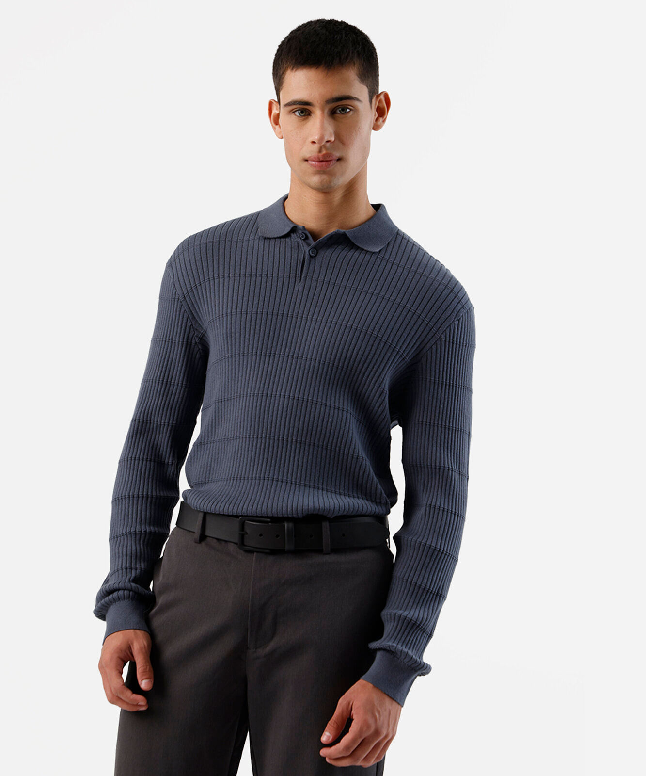 polo masculina de algodão canelada azul