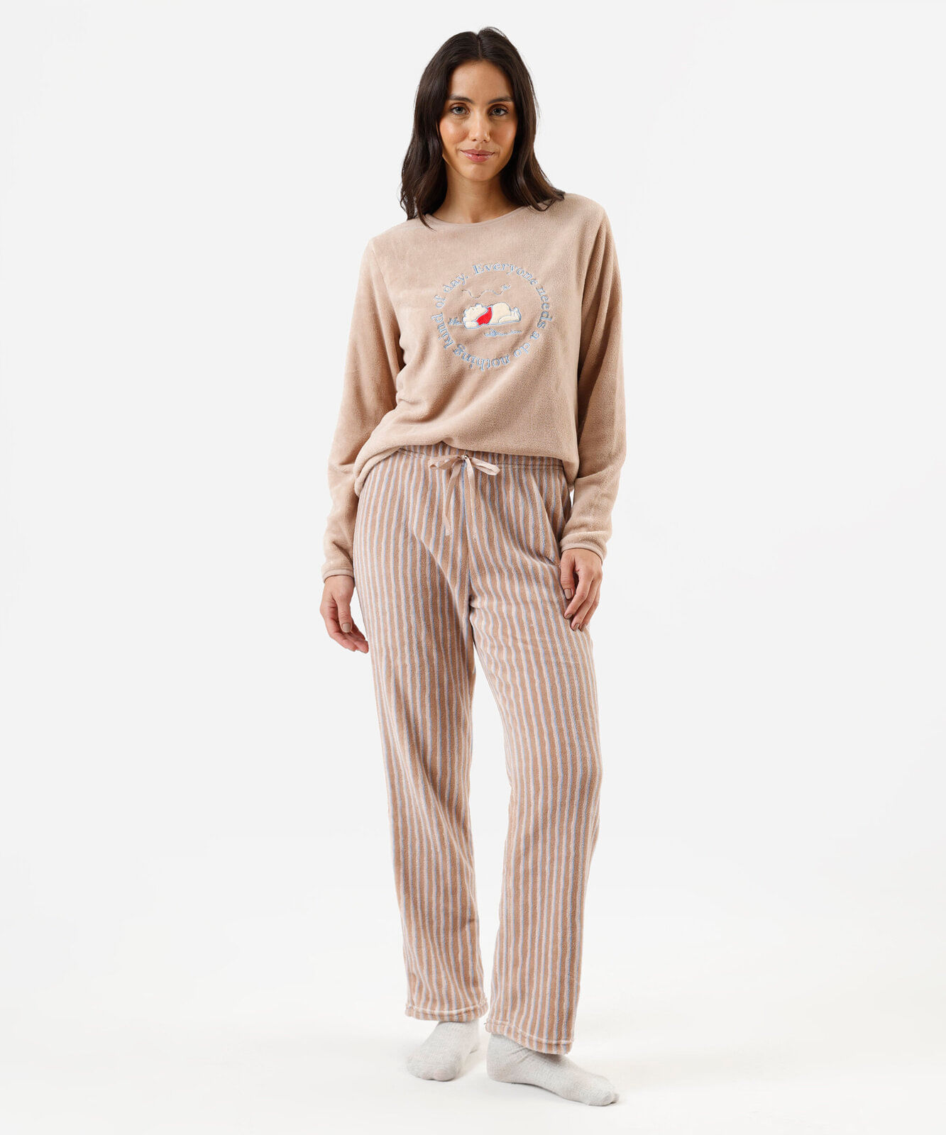 pijama longo feminino de fleece ursinho pooh listrado bege