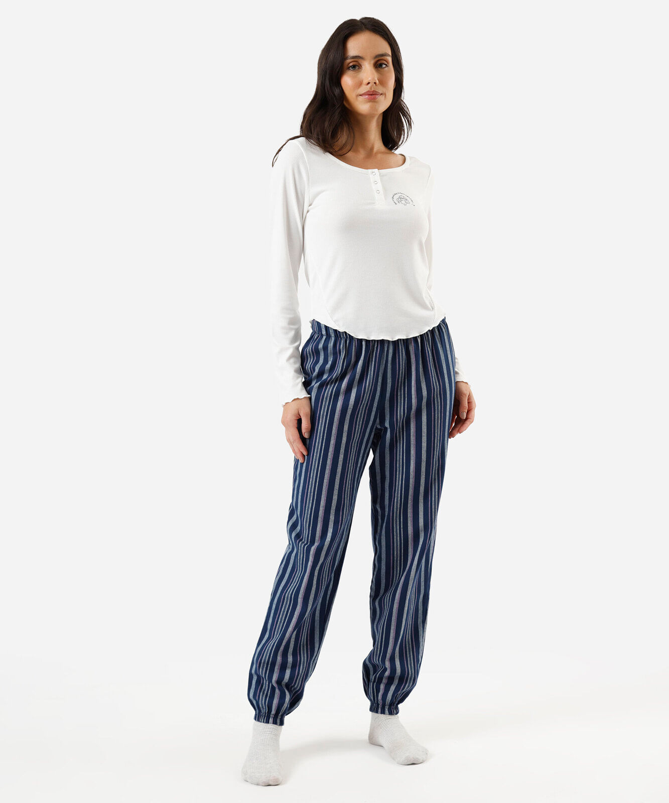 pijama longo feminino stitch listrado azul