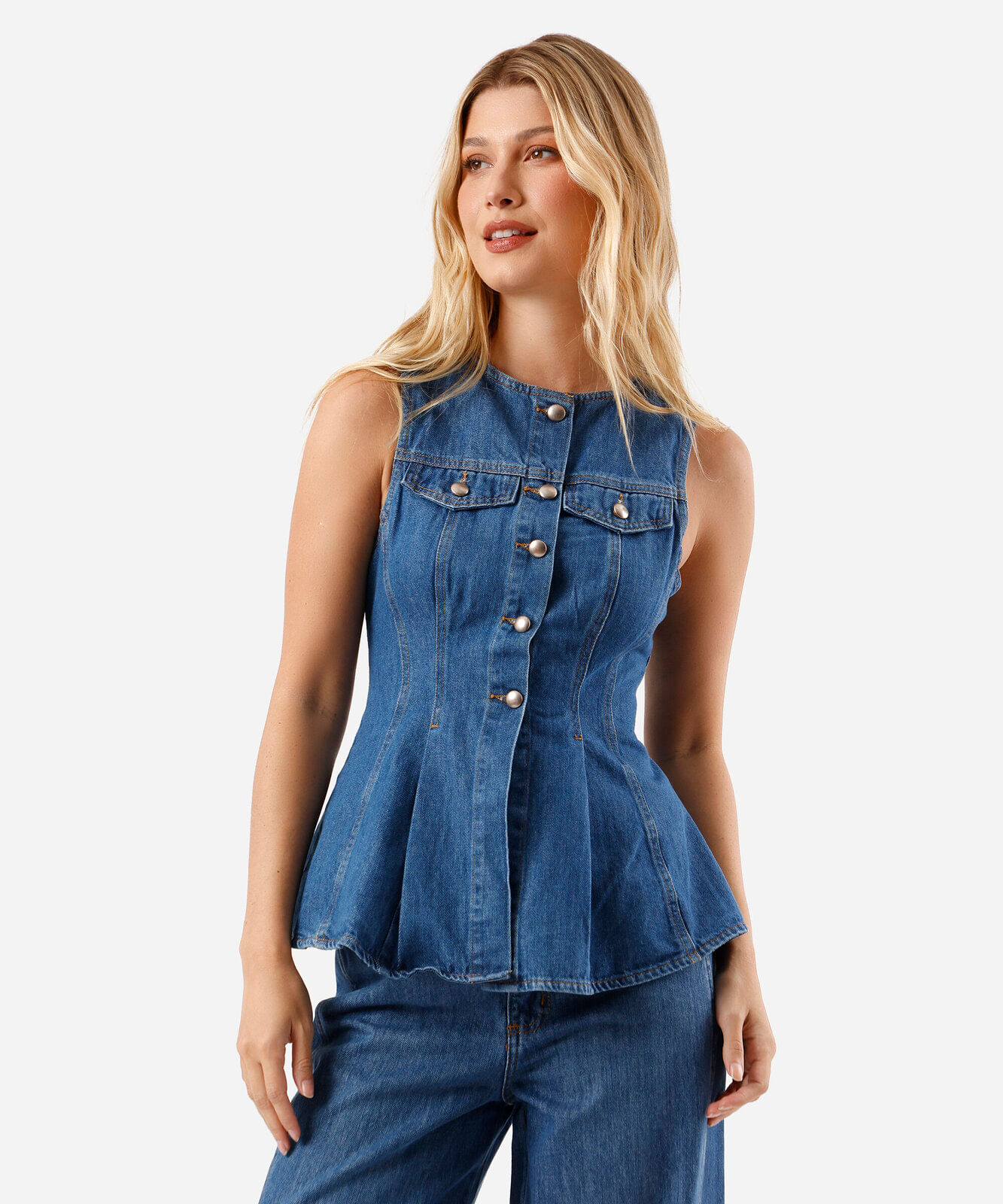 blusa peplum feminina jeans decote redondo azul