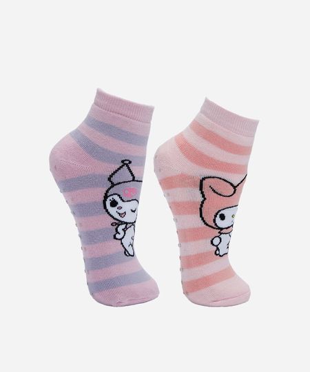 kit de 2 meias cano médio infantil hello kitty listrado colorido 30-33