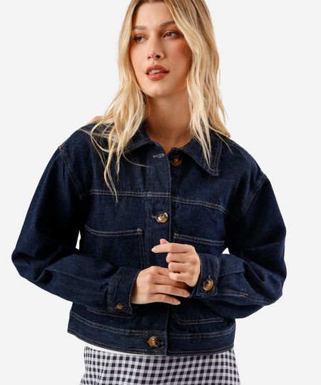 jaqueta cropped feminina jeans com bolsos azul P