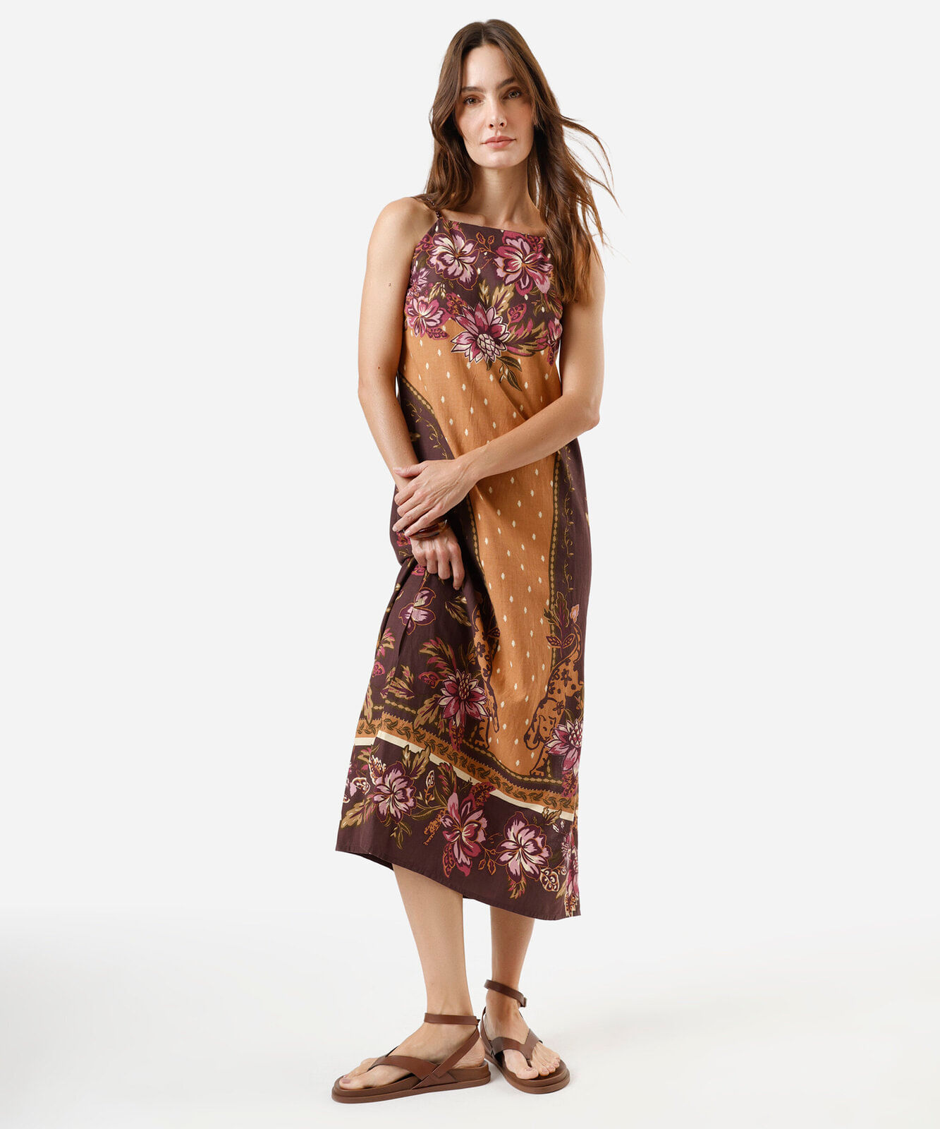 vestido midi alça fina feminino com algodão floral com fendas marrom