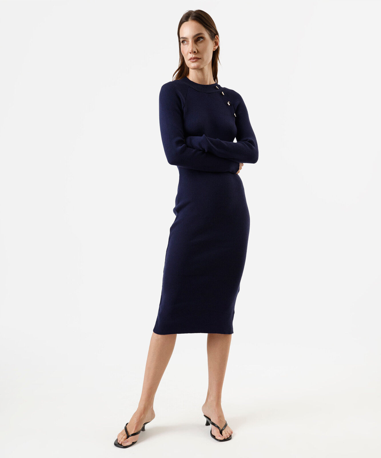 vestido midi feminino de tricot manga longa canelado azul