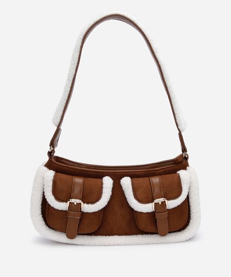bolsa baguete com bolsos e pelos marrom UNICO bolsa baguete com bolsos e pelos marrom UNICO