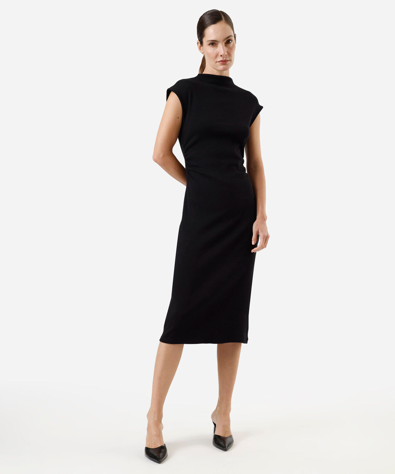 vestido midi feminino de algodão manga curta preto