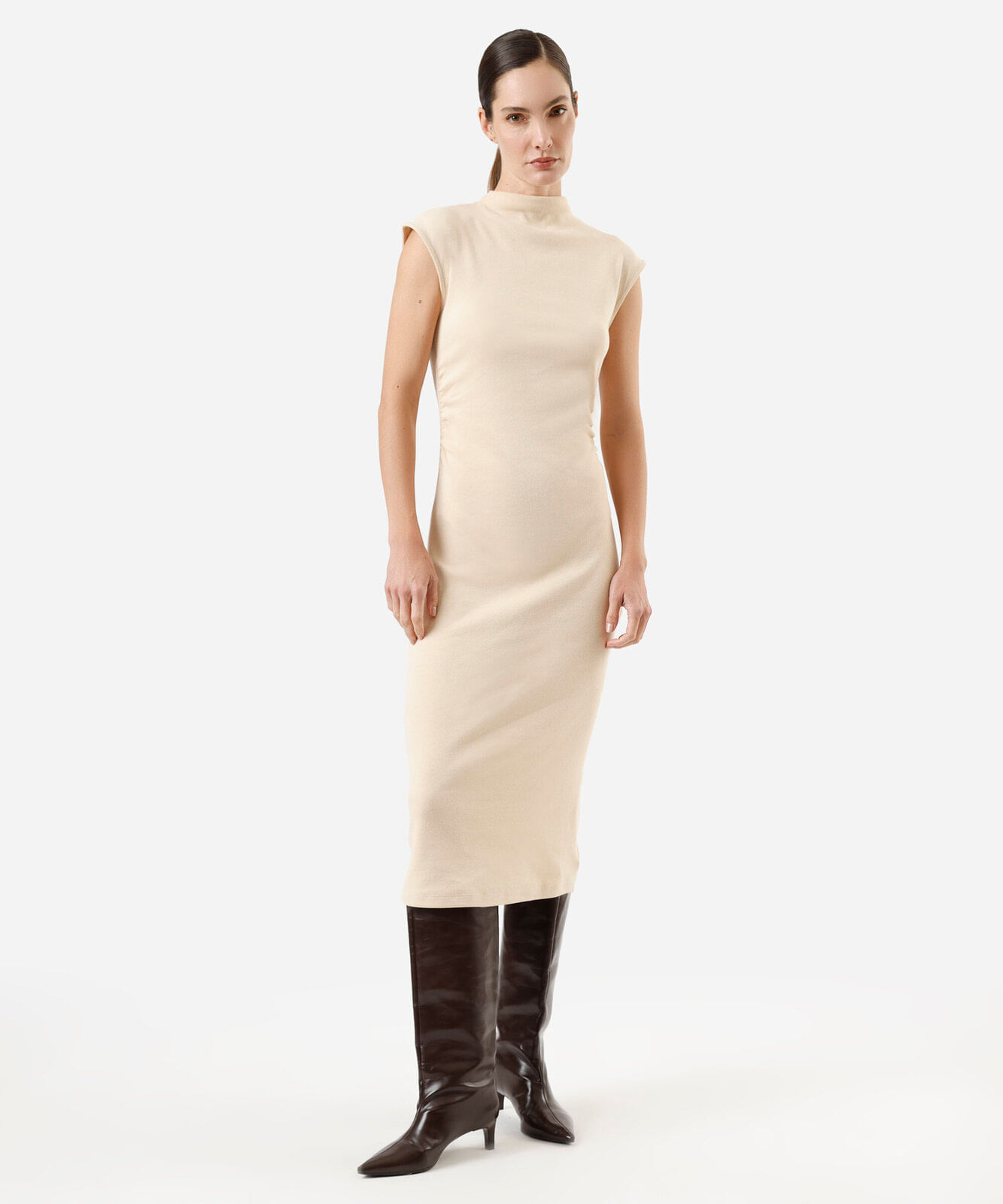 vestido midi feminino de algodão manga curta bege