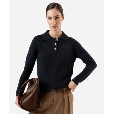 polo feminina de tricot manga longa azul
