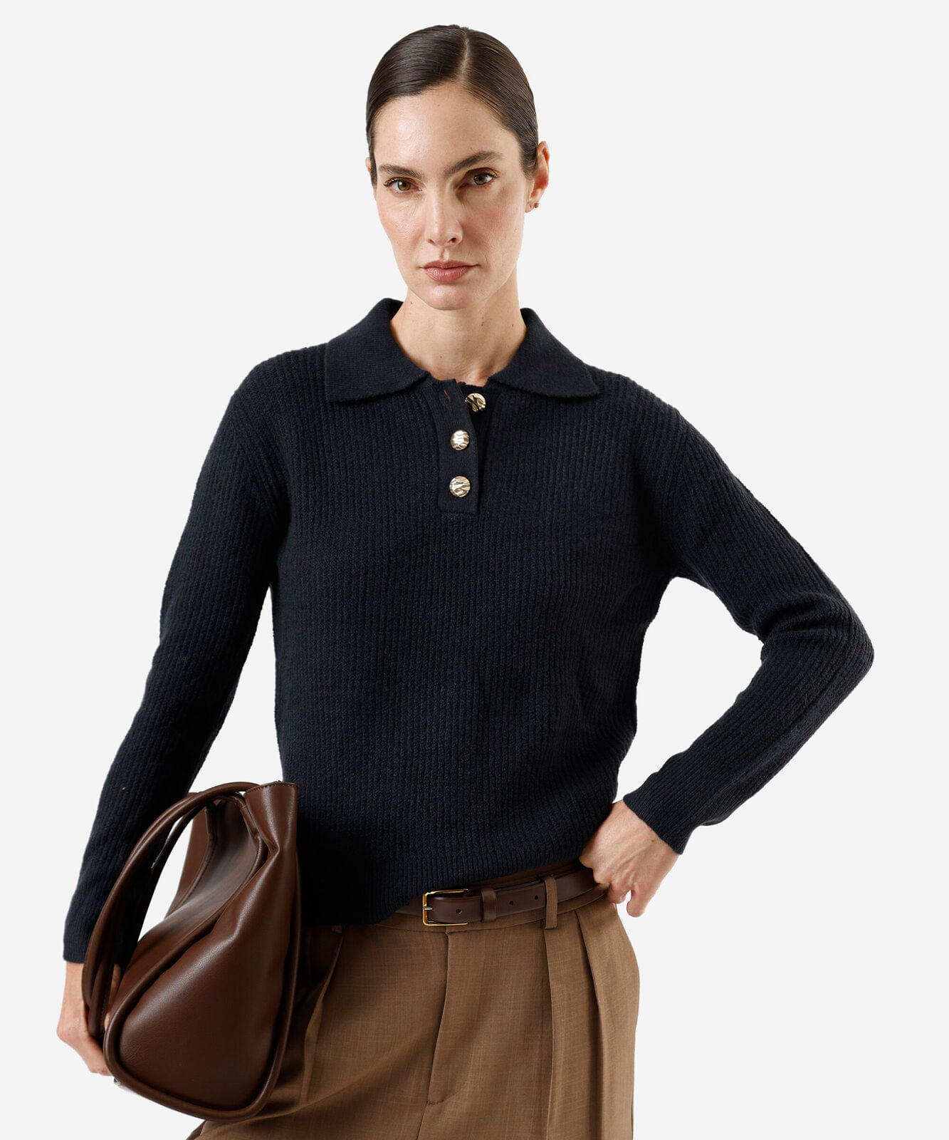 polo feminina de tricot manga longa azul