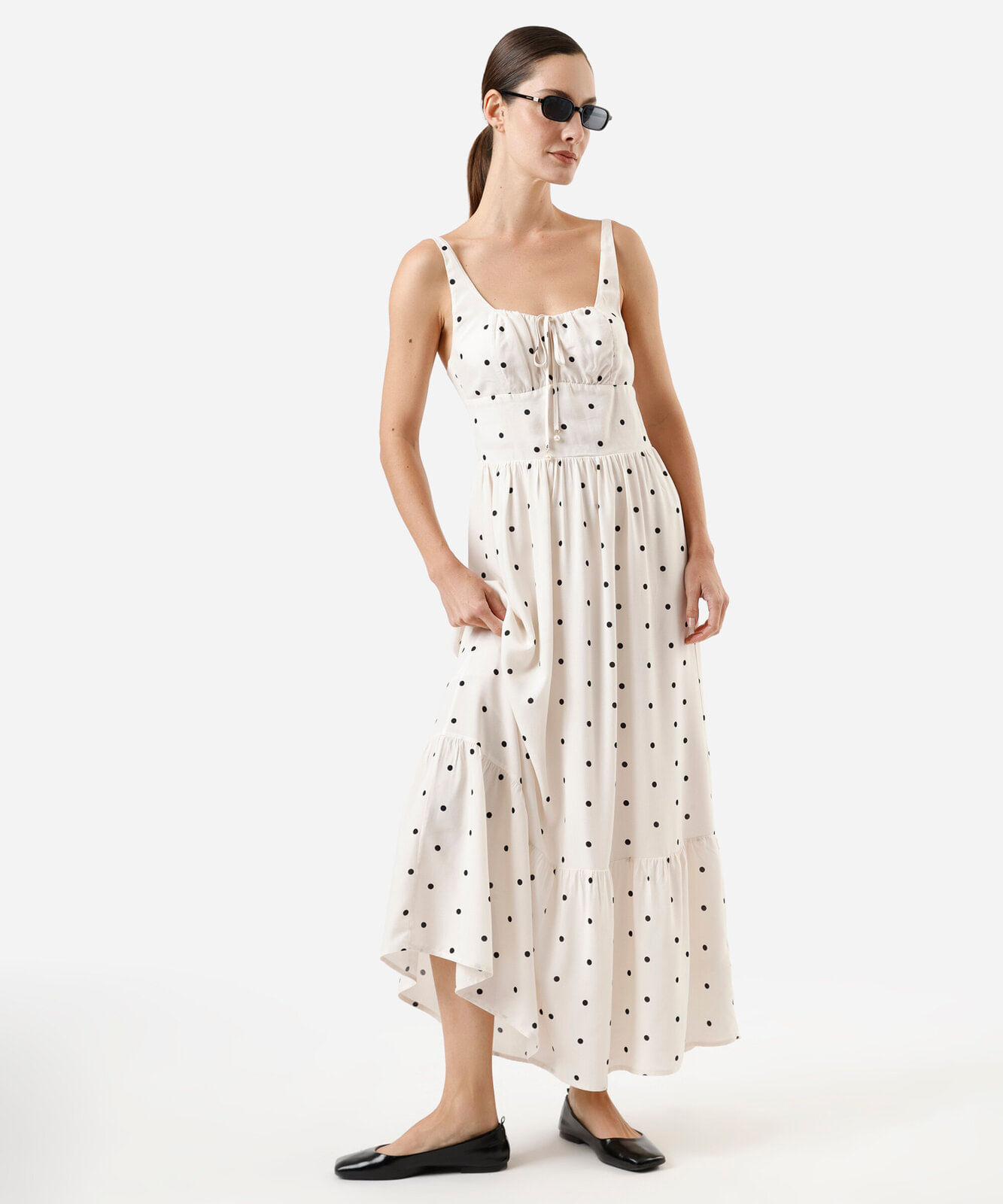 vestido midi feminino de viscose com recorte poá off white