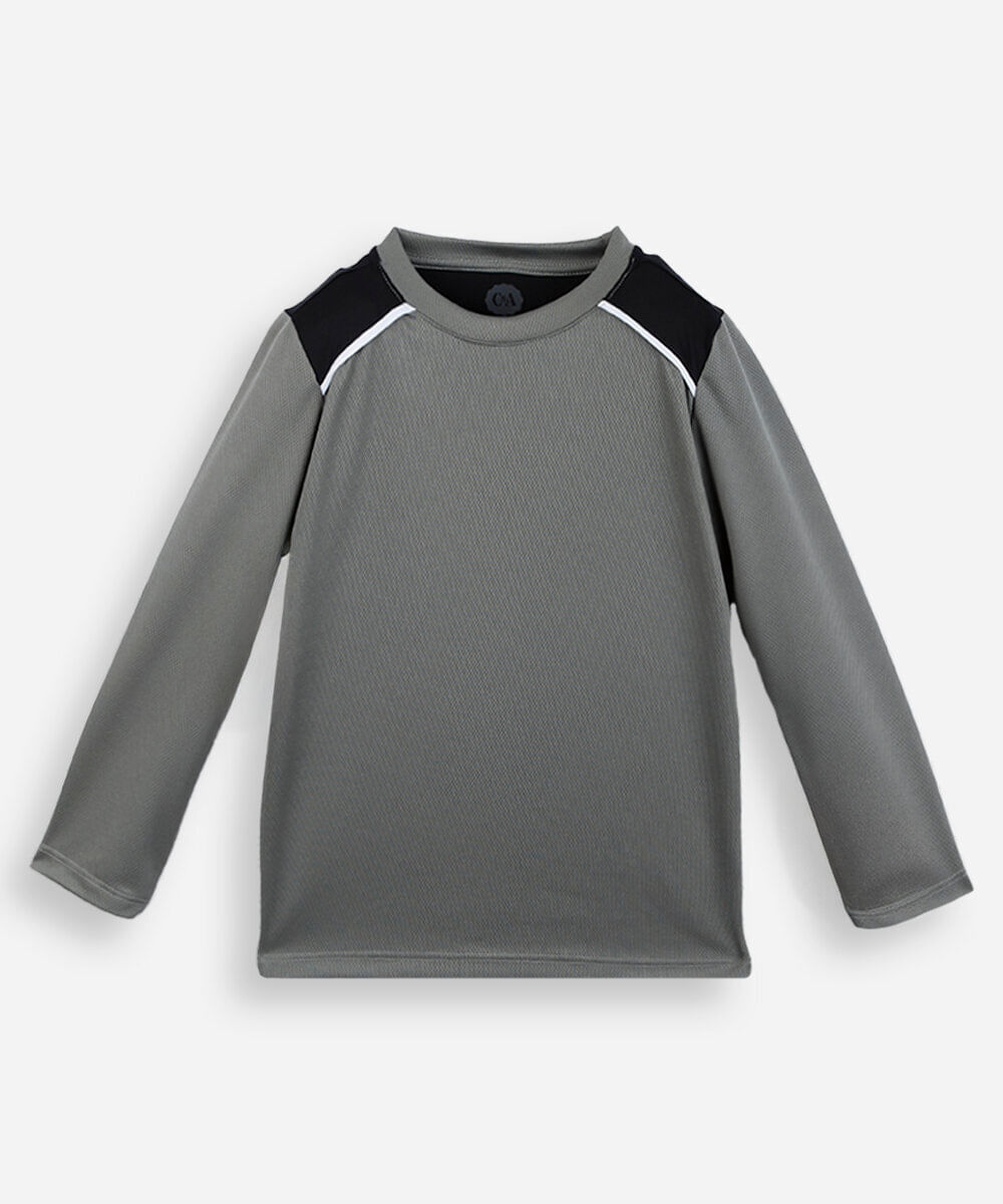 camiseta infantil manga longa esportiva com refletivo cinza