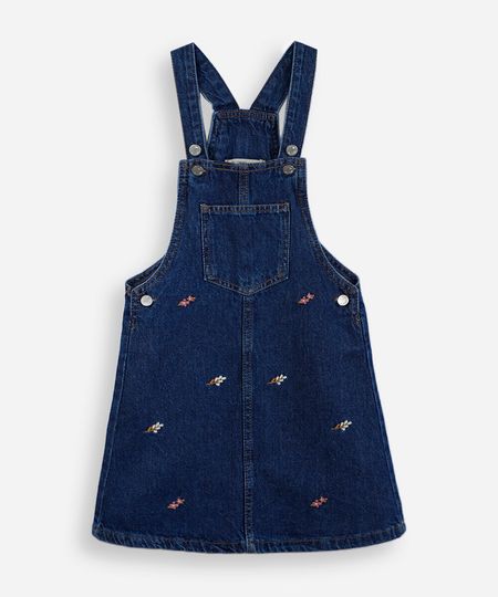 salopete infantil jeans com bordados florais azul 8