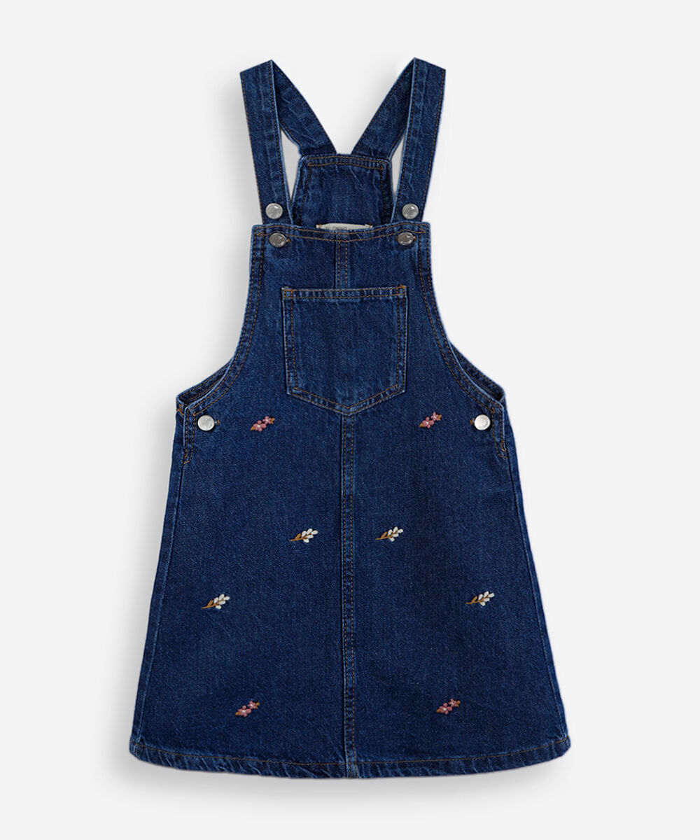 salopete infantil jeans com bordados florais azul