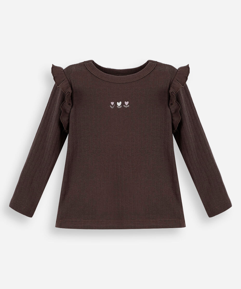 blusa infantil manga longa canelada com babado marrom