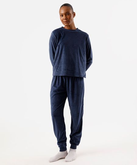 pijama longo feminino de plush estrelas azul P