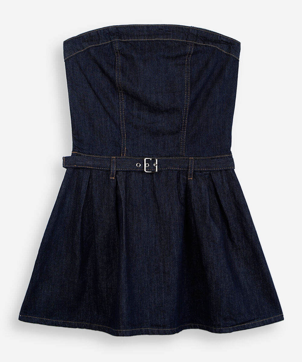 vestido juvenil jeans curto franzido azul