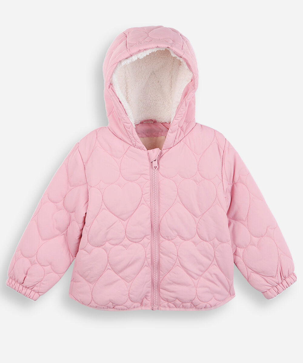 casaco infantil puffer de corações com capuz rosa