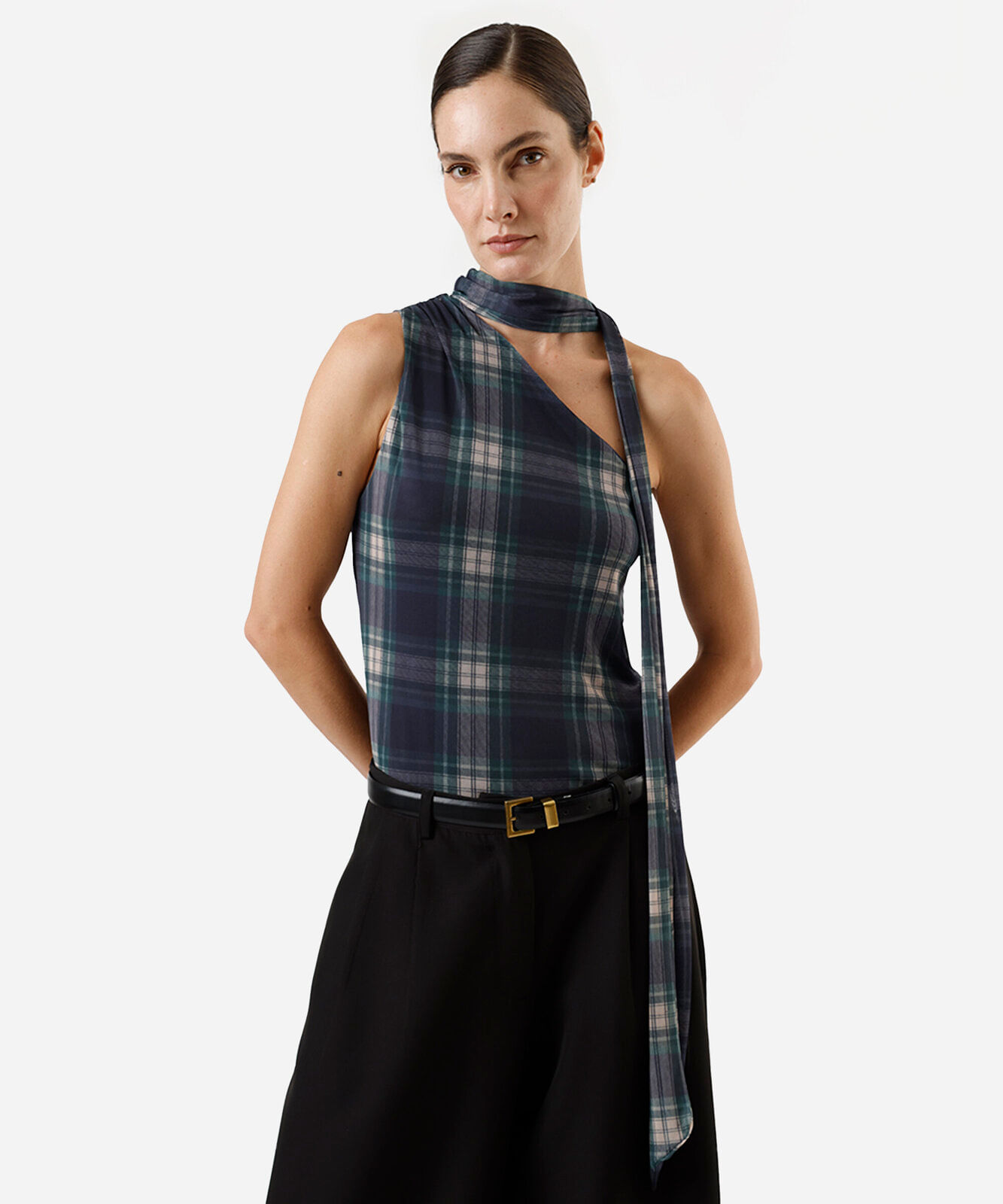blusa ombro único feminina de tule com amarração xadrez azul