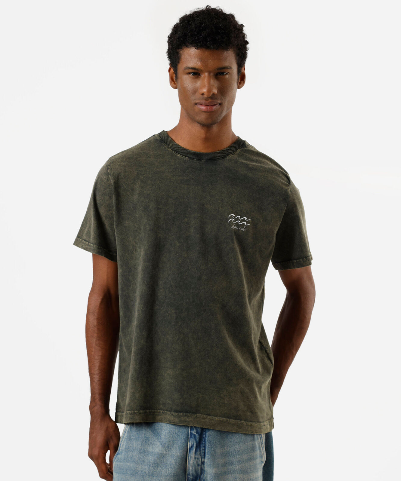camiseta masculina de algodão manga curta marmorizada verde