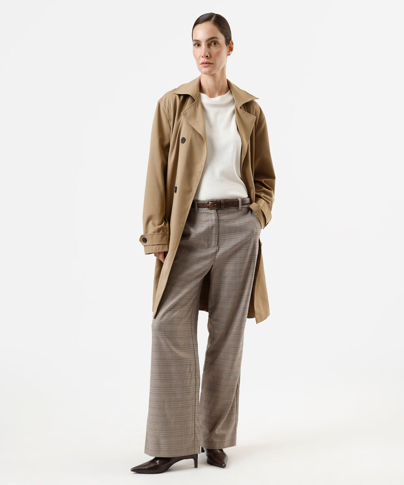 calça de alfaiataria feminina xadrez com lurex bege