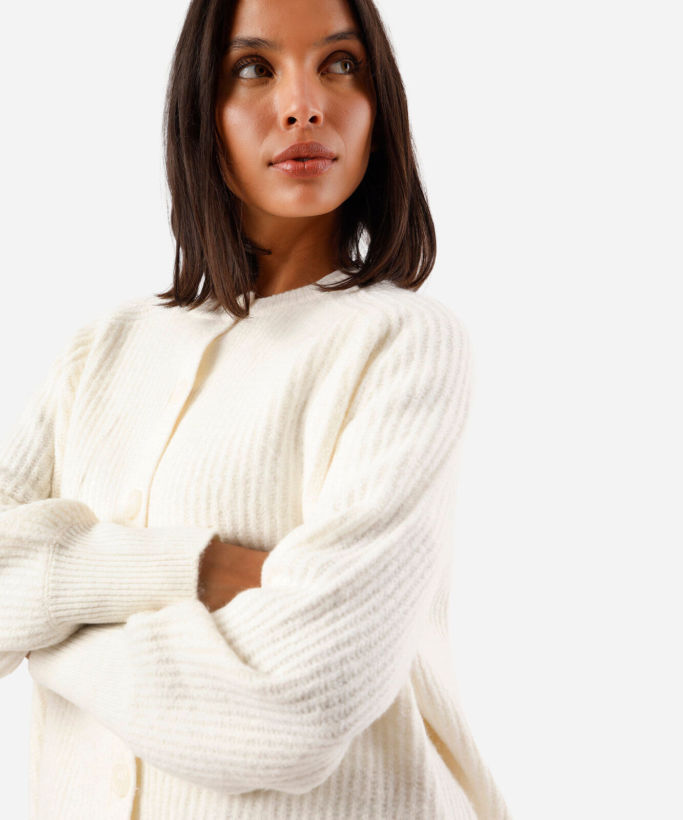 cardigan feminino de tricot manga bufante canelado off white