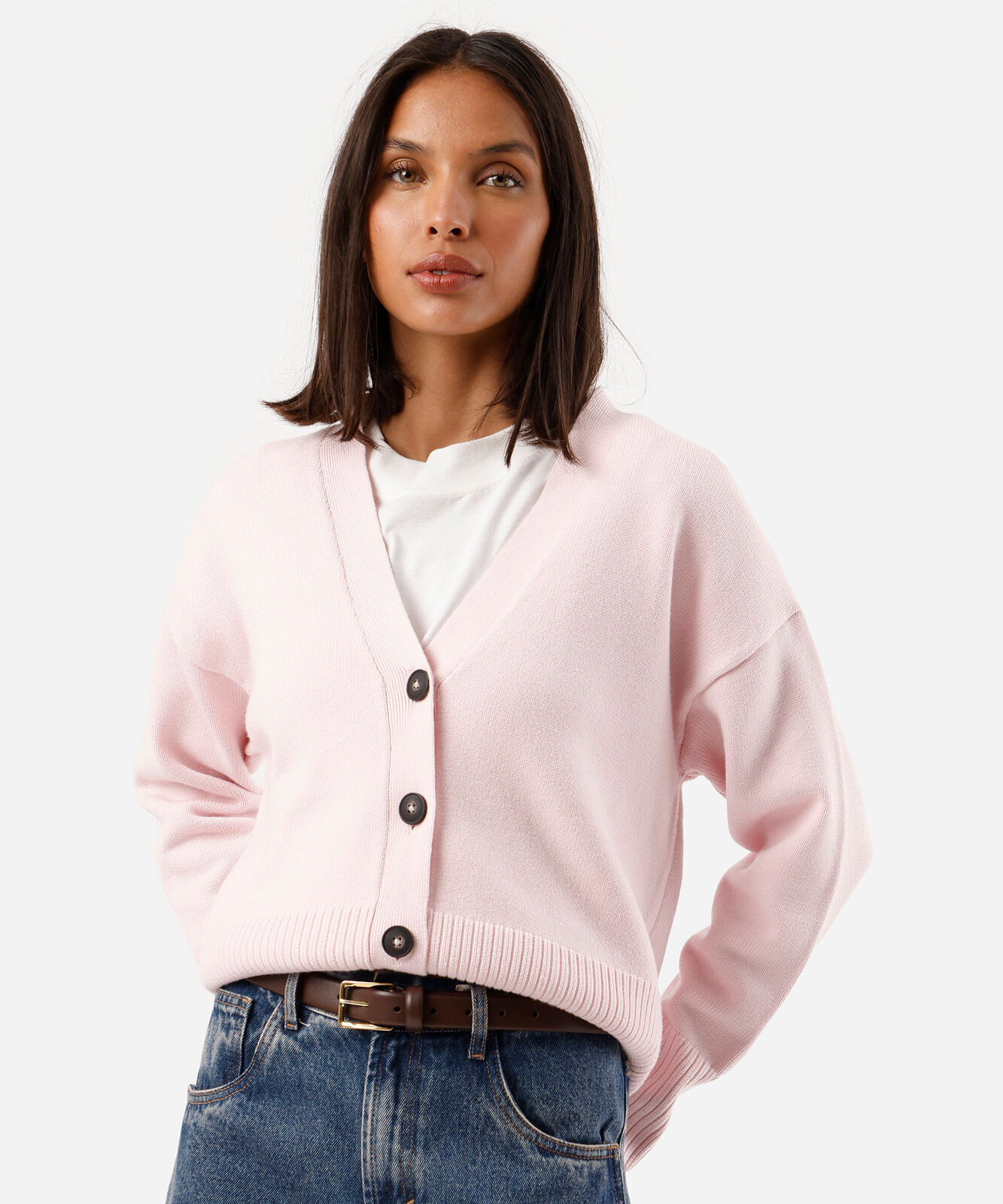 cardigan feminino de tricot decote v rosa