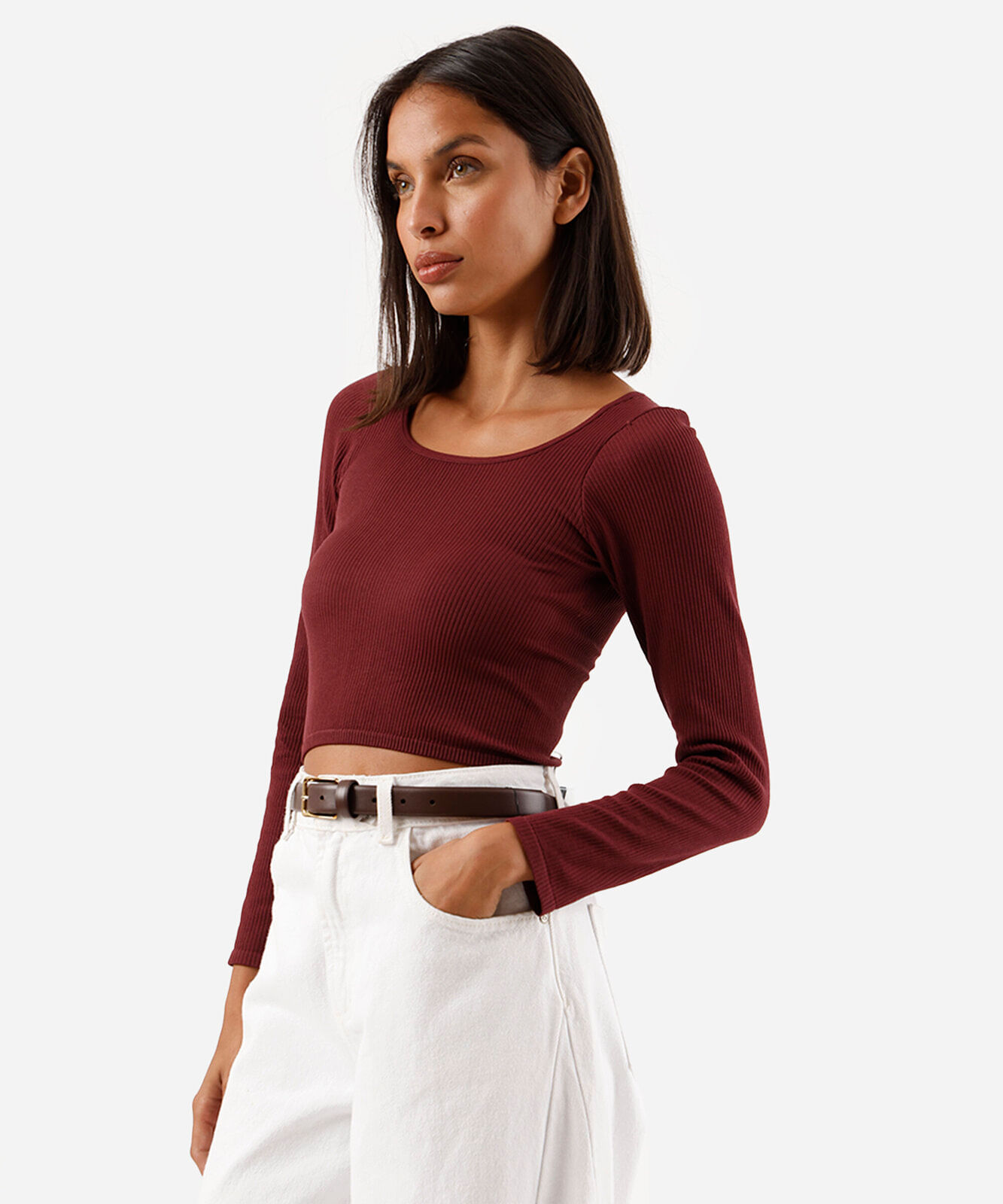 blusa de poliamida canelada cropped manga longa vinho
