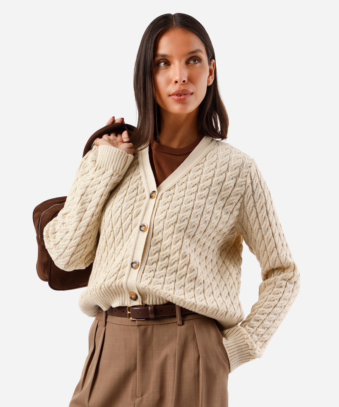 cardigan feminino de tricot decote v texturizado off white