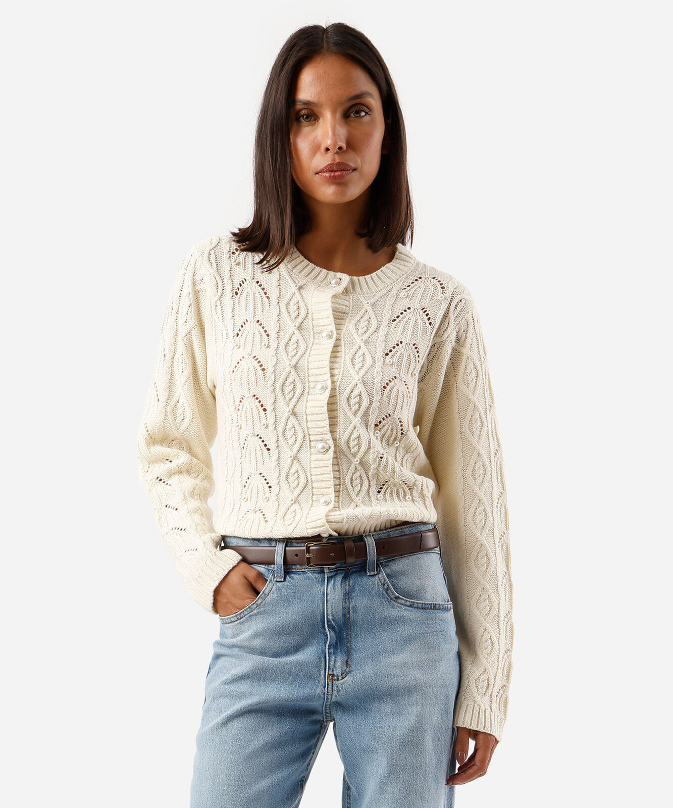 cardigan feminino de tricot texturizado com pérolas off white