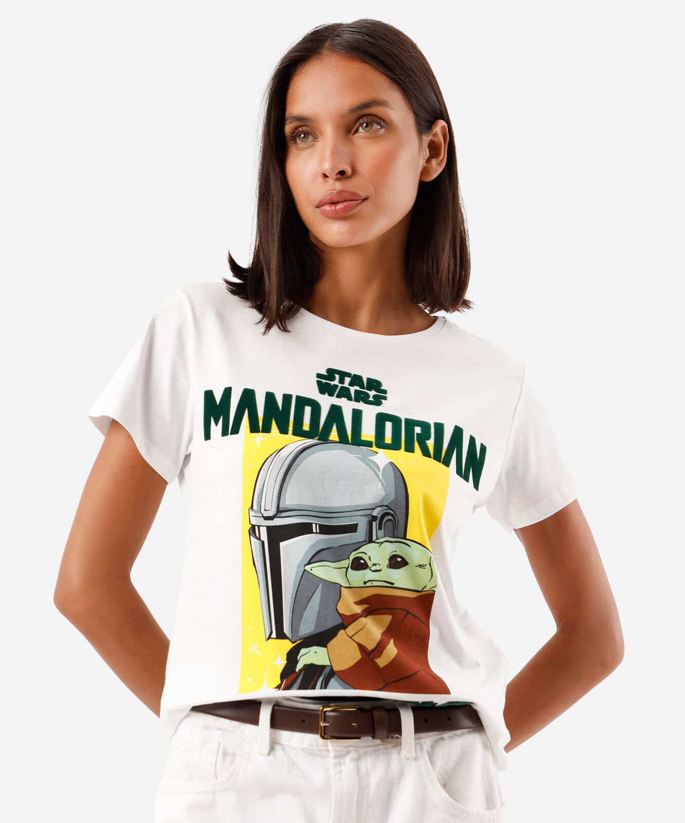 camiseta feminina de algodão manga curta mandalorian off white