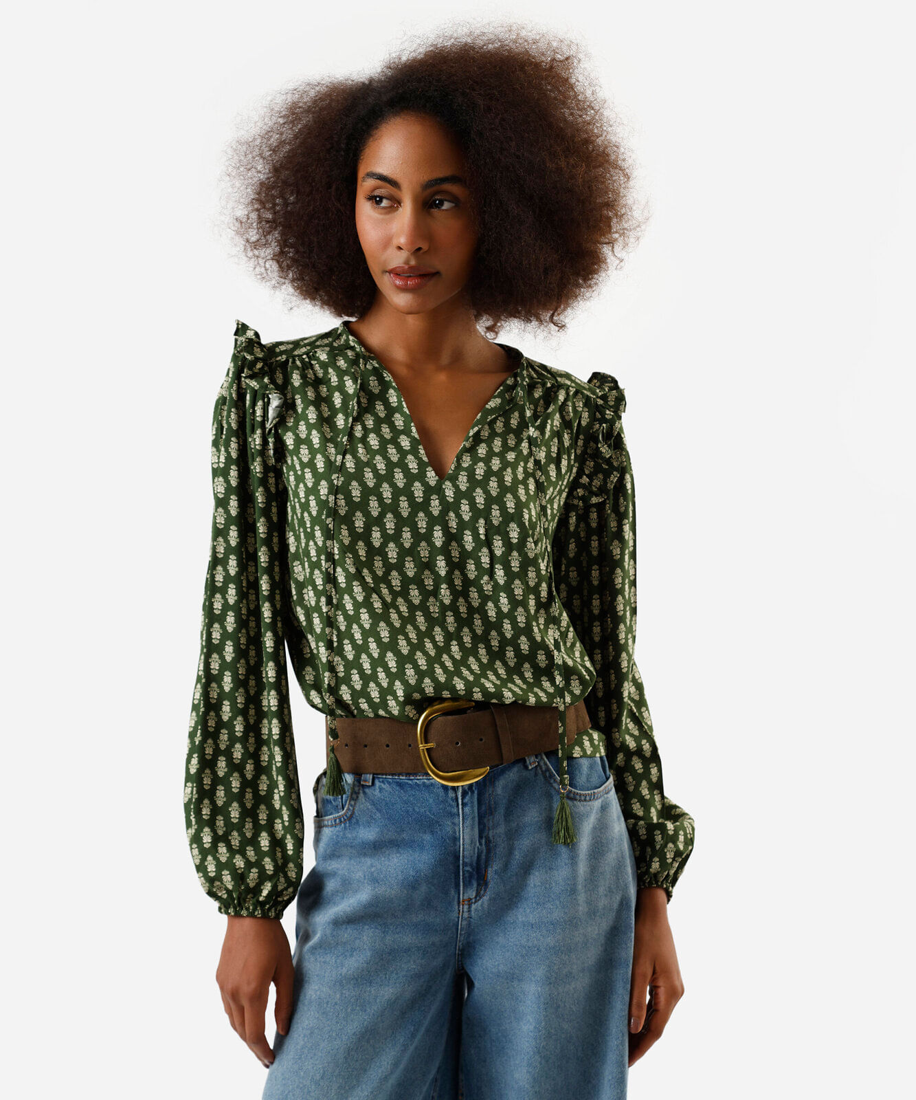 bata feminina de viscose com babados estampada verde