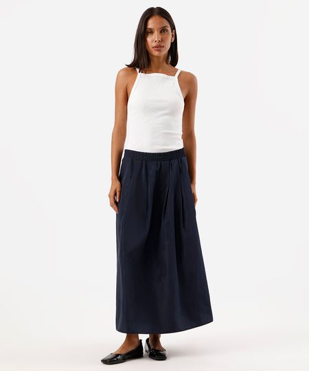 saia midi feminina evasê cós elástico acetinada azul P