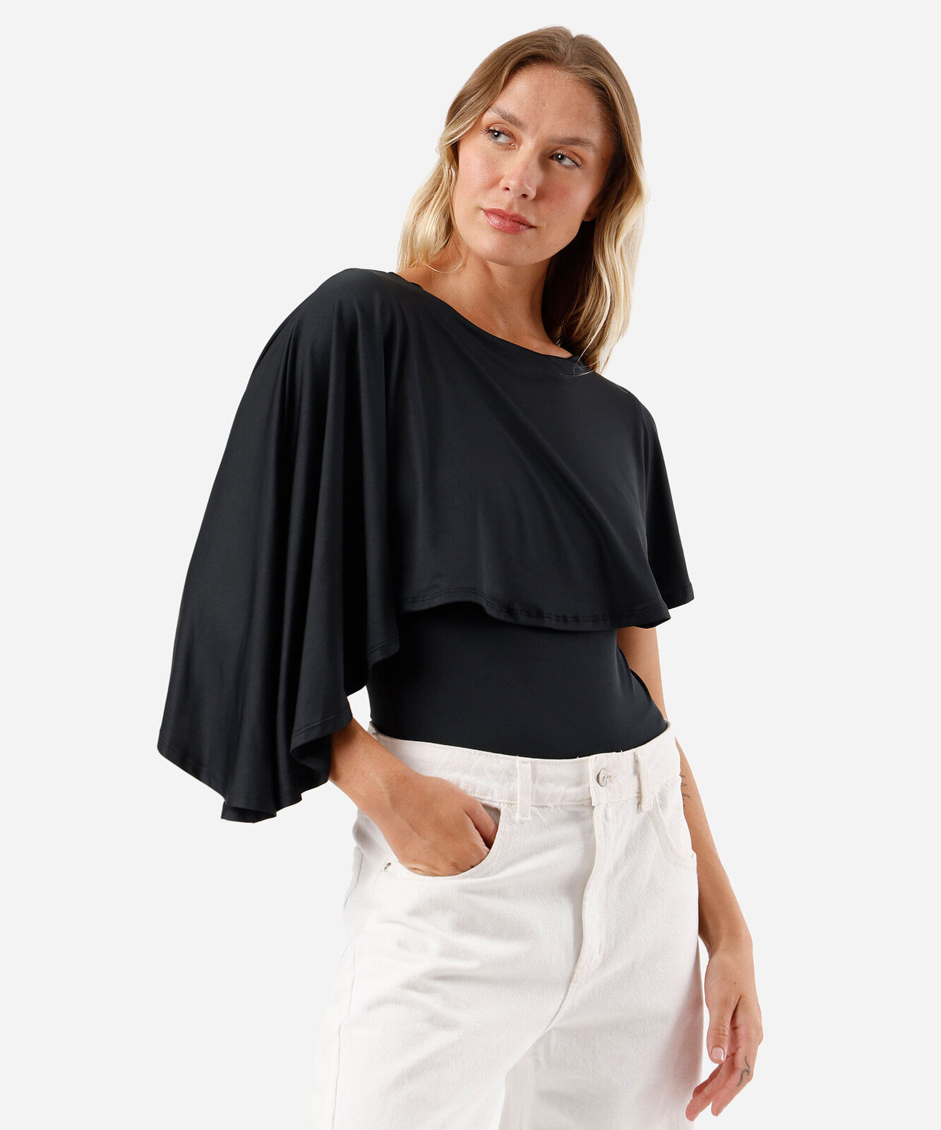 body feminino decote redondo com capa preto