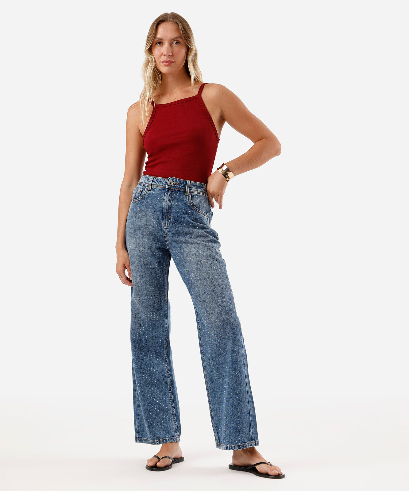 calça wide leg slim feminina jeans com brilhos cintura alta azul