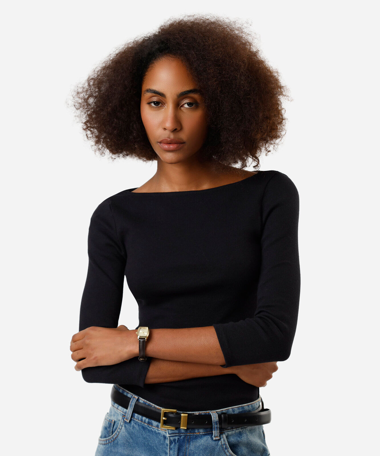 blusa feminina de algodão decote canoa canelada preta