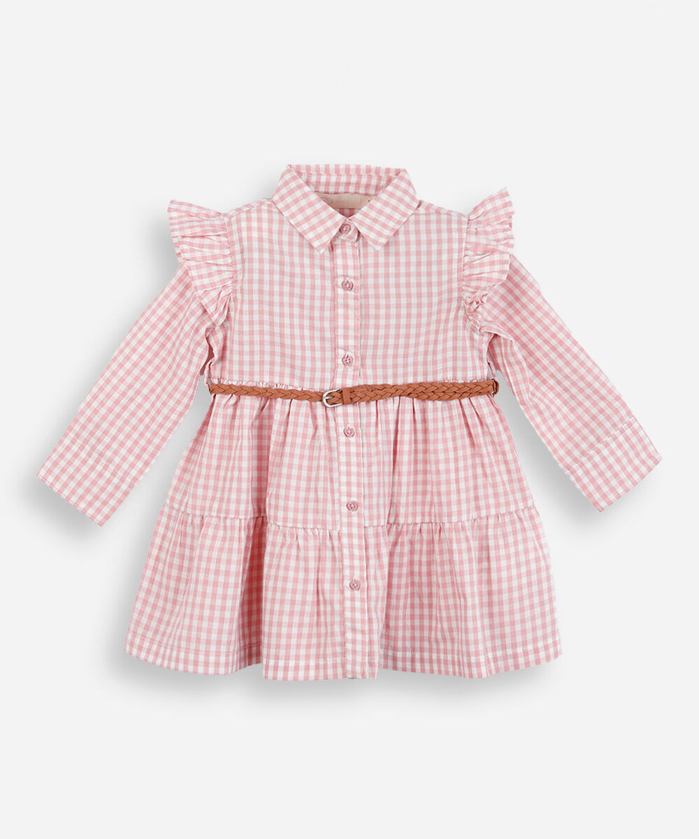 vestido infantil manga longa com babado e cinto xadrez rosa