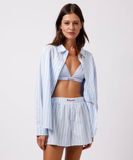 short boxer de pijama avulso feminino em algodão listrado mindset azul GG