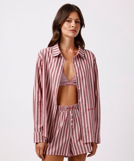 camisa de pijama avulsa feminina de algodão listrada mindset vinho M